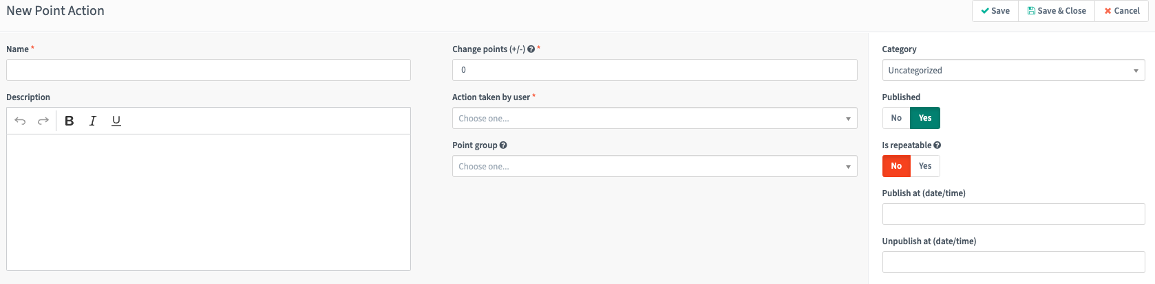 Screenshot of Points action