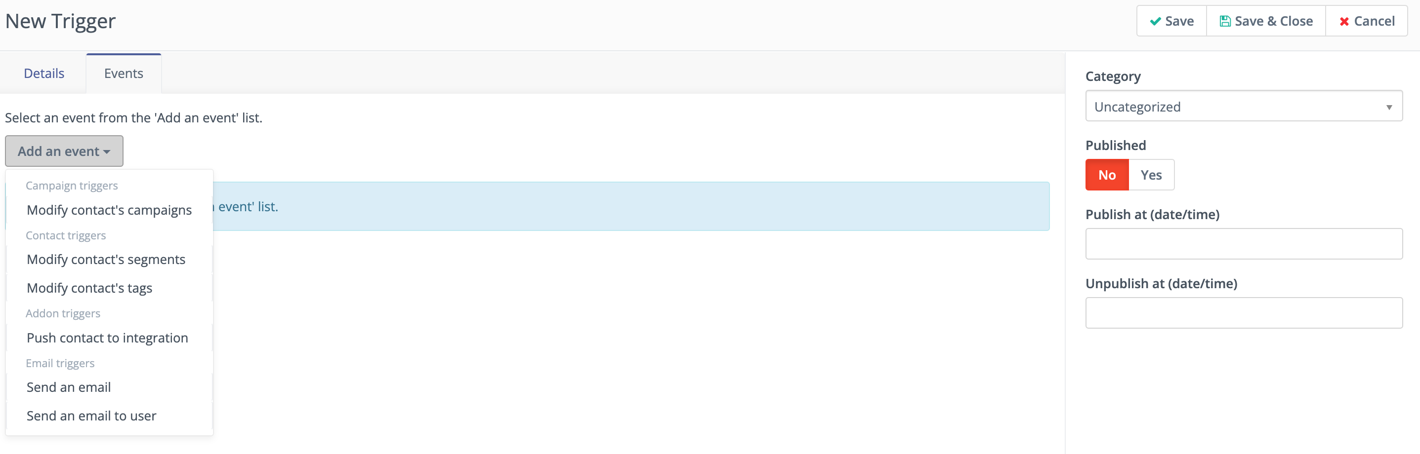 Screenshot of Points trigger events